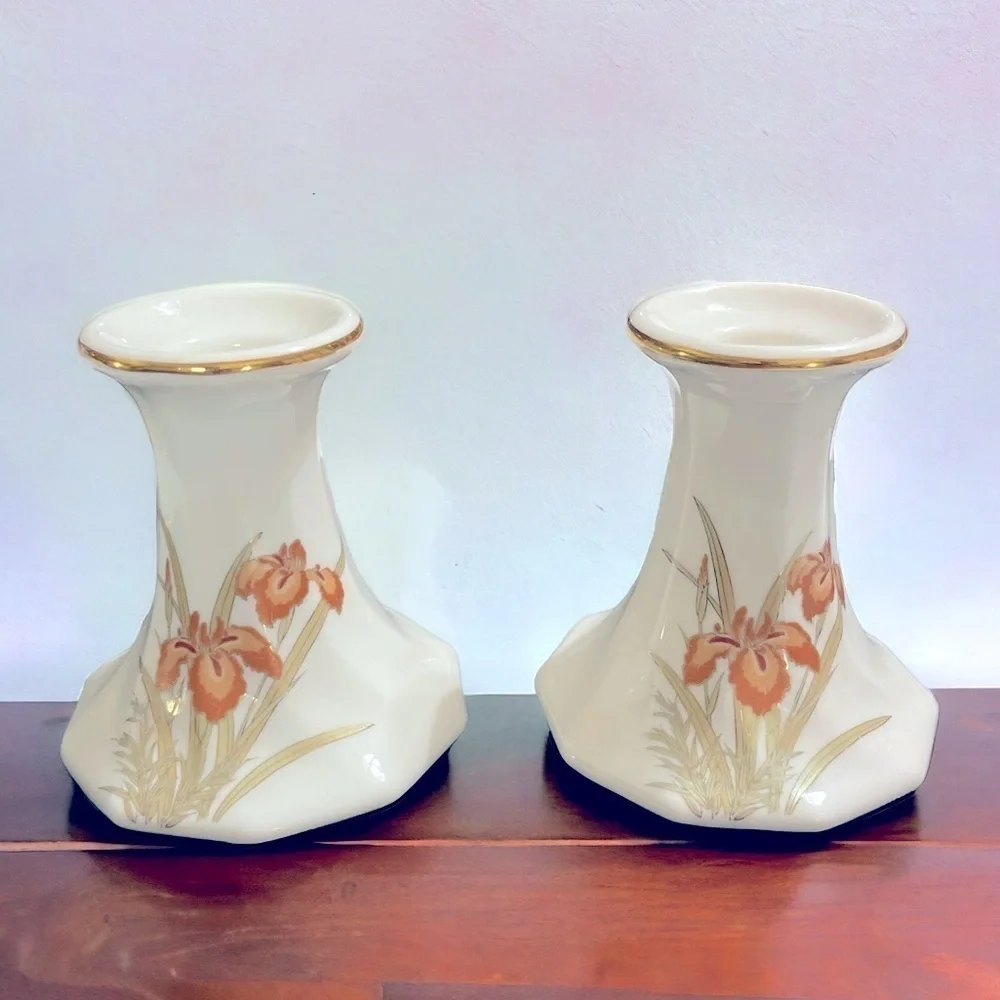 Porcelain White Candlesticks With Peach and Rust Iris flowers And Gilding. Set 2